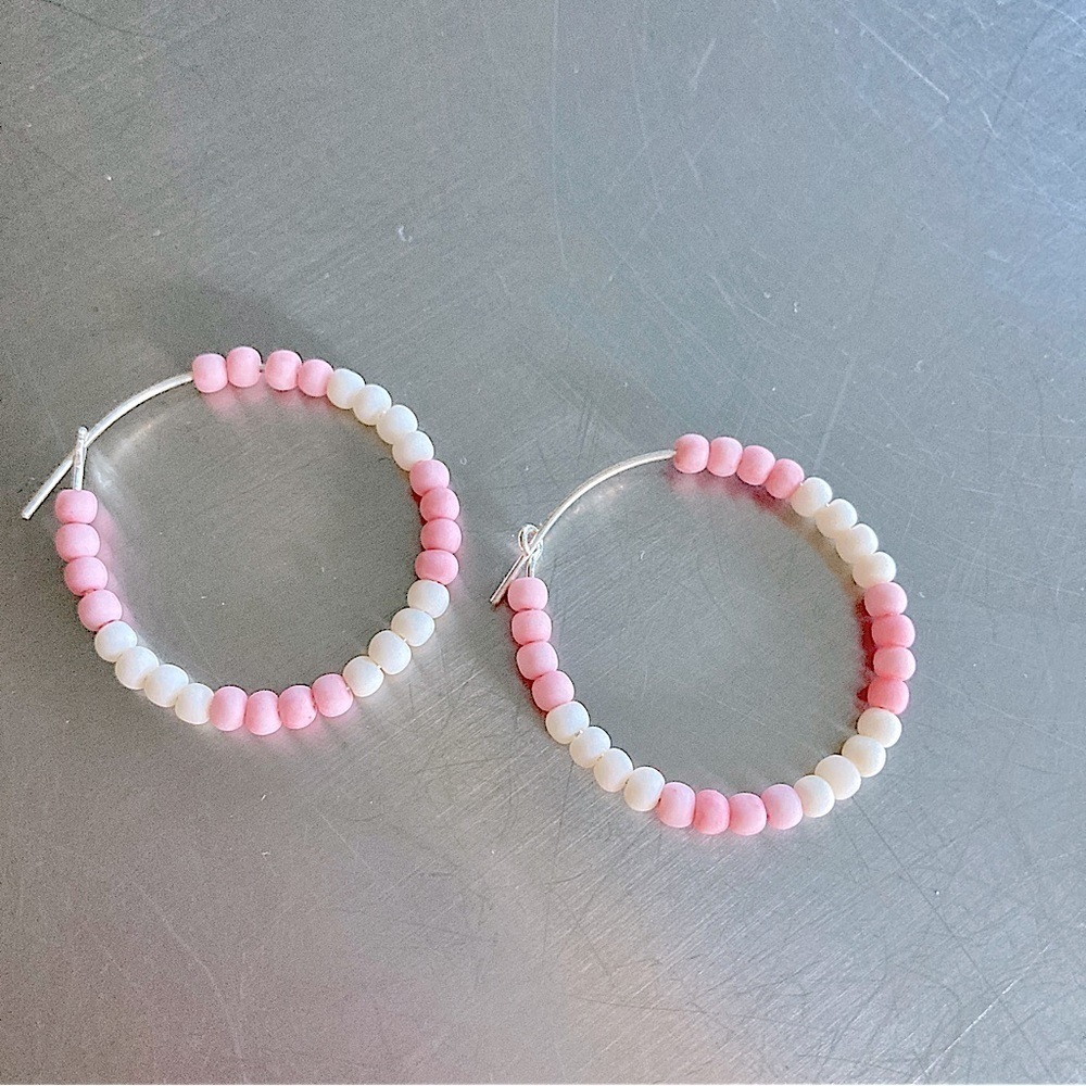 Handmade Beaded Minimalist Hoop Earrings Pink